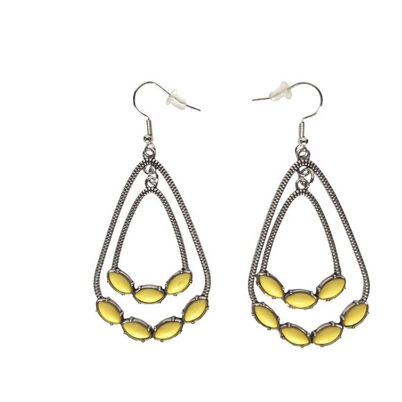Yellow Gemstone Teardrop Dangle Earrings Silver Tone - Picture 1 of 2